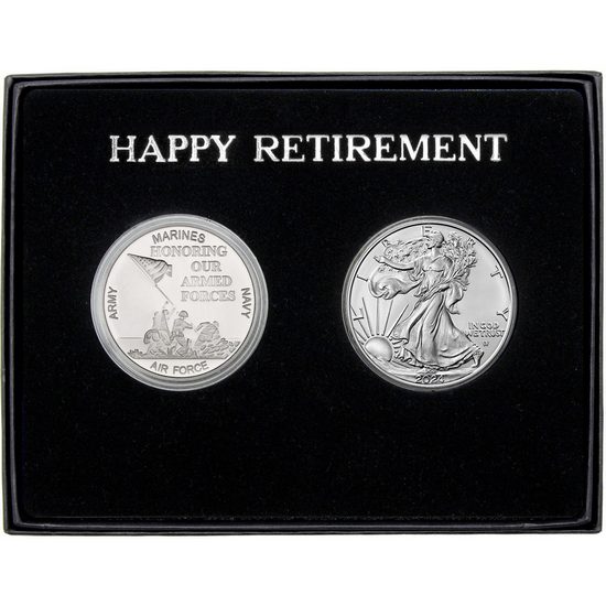 Happy Retirement Honoring Our Armed Forces Silver Medallion and Silver American Eagle 2pc Gift Set