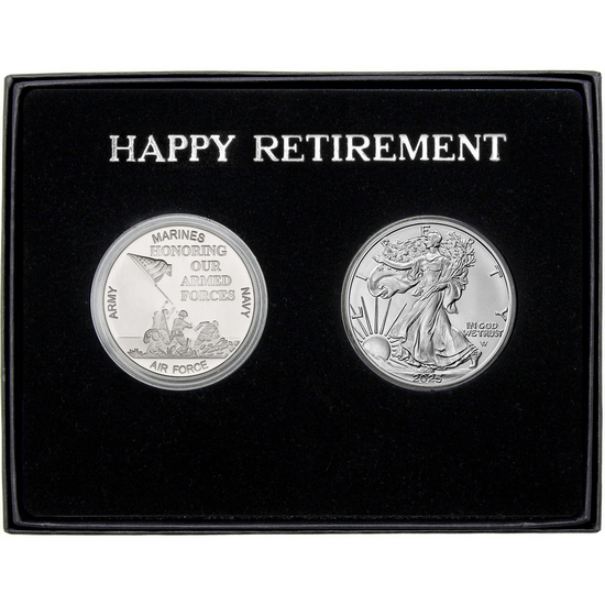 Happy Retirement Honoring Our Armed Forces Silver Medallion and Silver American Eagle 2pc Gift Set