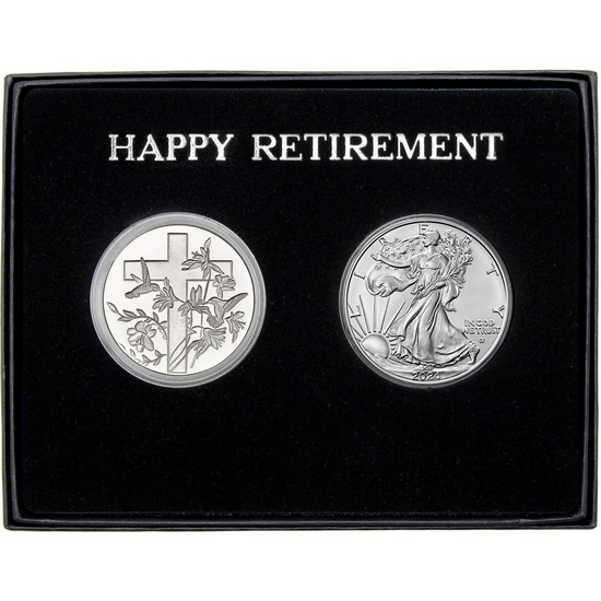 Happy Retirement Religious Cross Silver Medallion and Silver American Eagle 2pc Gift Set