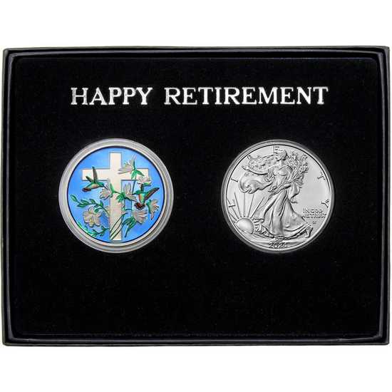 Happy Retirement Religious Cross Enameled Silver Medallion and Silver American Eagle 2pc Gift Set