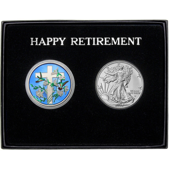 Happy Retirement Religious Cross Enameled Silver Medallion and Silver American Eagle 2pc Gift Set