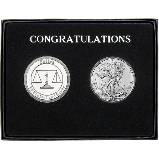 Congratulations Police Silver Medallion and Silver American Eagle 2pc Gift Set