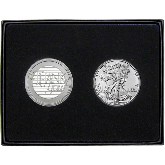Thank You Silver Round and Silver American Eagle 2pc Gift Set