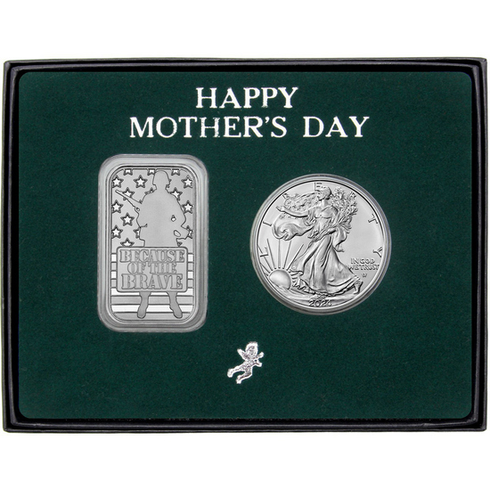 Happy Mother's Day Because of the Brave Silver Bar and Silver American Eagle 2pc Gift Set