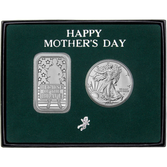 Happy Mother's Day Because of the Brave Silver Bar and Silver American Eagle 2pc Gift Set