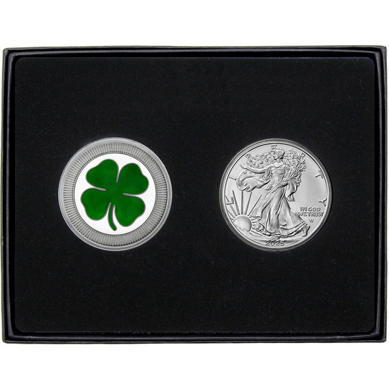 Four Leaf Clover Stackables Enameled Silver Medallion and Silver American Eagle 2pc Gift Set