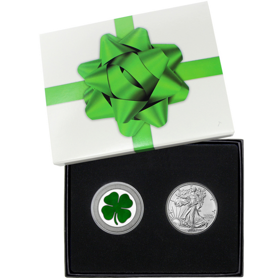 Hand-Enameled Four Leaf Clover Stackables Silver Round and SAE Gift Set in Gift Box