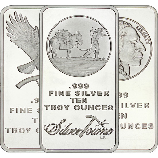 SilverTowne Mixed Design 10oz .999 Silver Bar 3pc