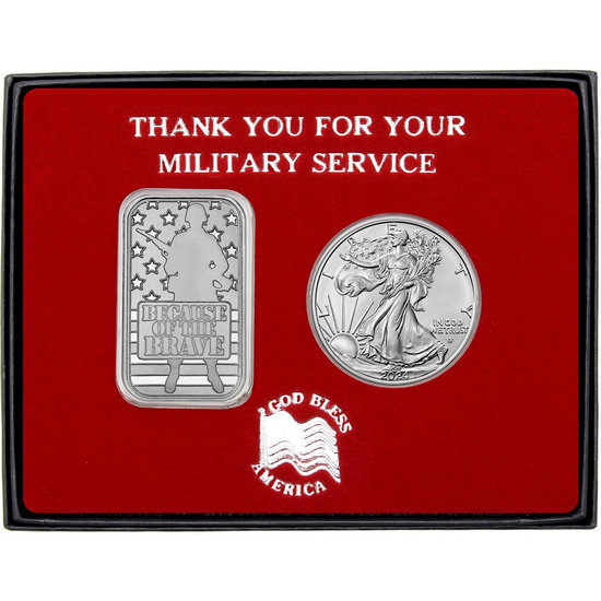 Military Service Because of the Brave Soldier Silver Bar and Silver American Eagle 2pc Gift Set