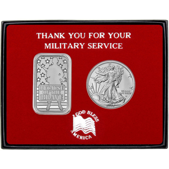 Military Service Because of the Brave Soldier Silver Bar and Silver American Eagle 2pc Gift Set