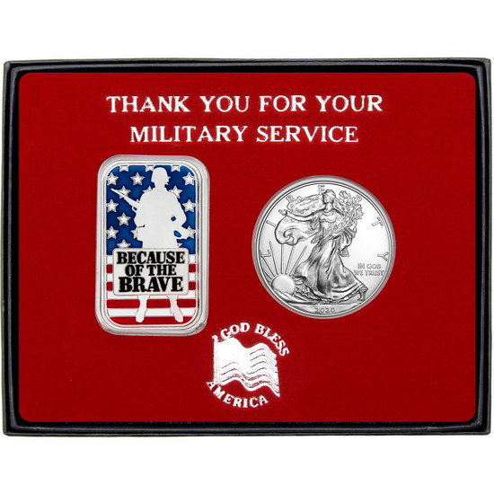 Military Service Enameled Because of the Brave Soldier Silver Bar and Silver American Eagle 2pc Gift Set