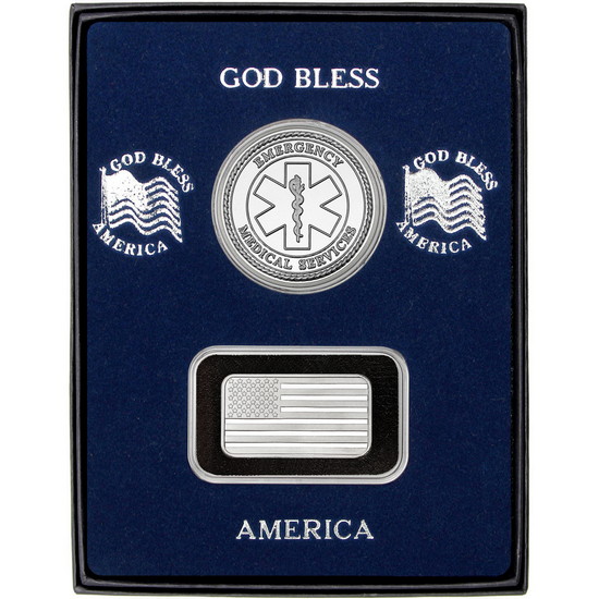 Half Ounce American Flag Silver Bar and EMS Silver Round 2pc Gift Set