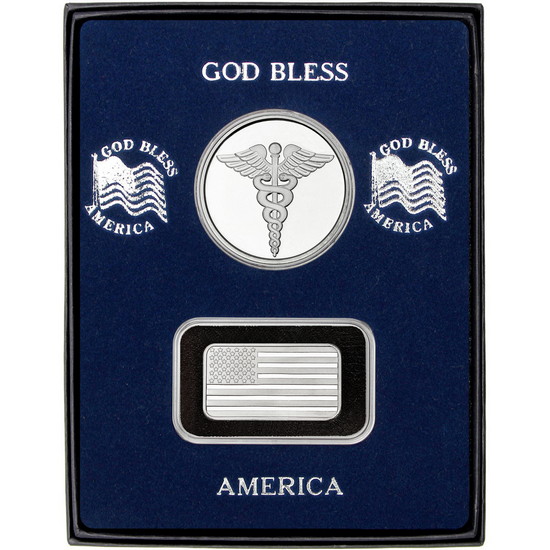 Half Ounce American Flag Silver Bar and Medical Silver Round 2pc Gift Set