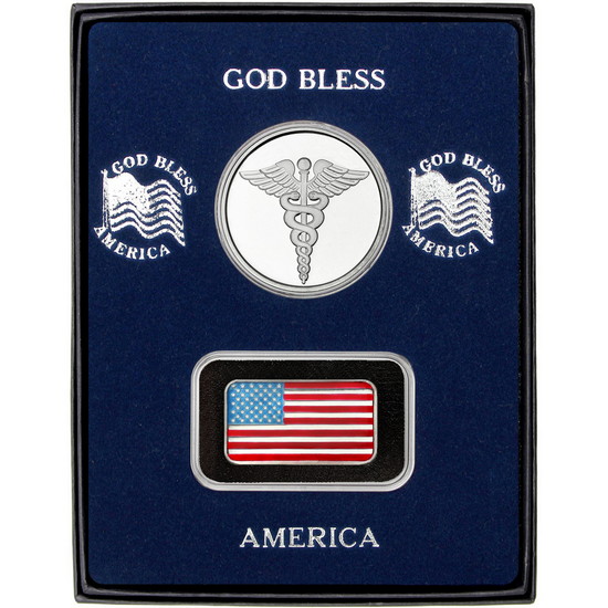 Half Ounce Enameled American Flag Silver Bar and Medical Silver Round in Gift Box