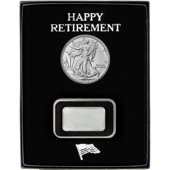 Happy Retirement Half Ounce Blank Silver Bar and Silver American Eagle 2pc Gift Set