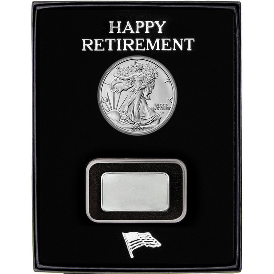 Happy Retirement Half Ounce Blank Silver Bar and Silver American Eagle 2pc Gift Set