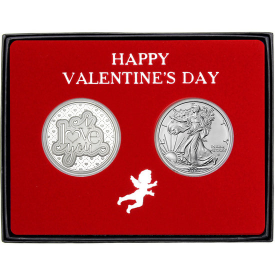 Be My Valentine Silver Round and Silver American Eagle 2pc Gift Set