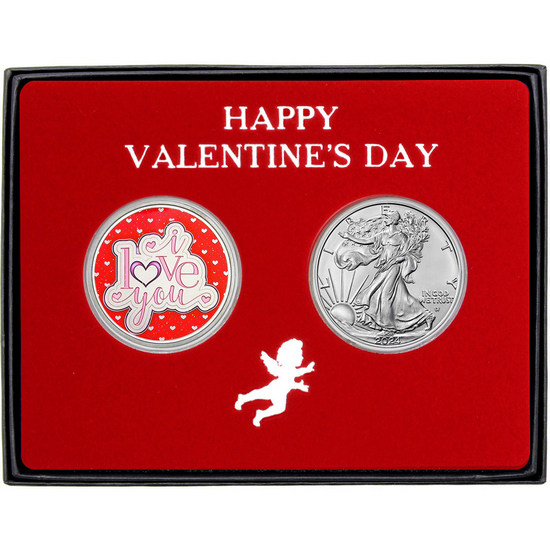 Be My Valentine Enameled Silver Round and Silver American Eagle 2pc Gift Set