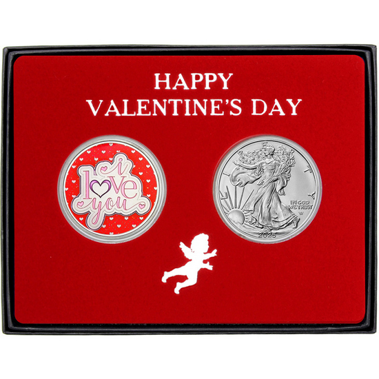 Be My Valentine Enameled Silver Round and Silver American Eagle 2pc Gift Set