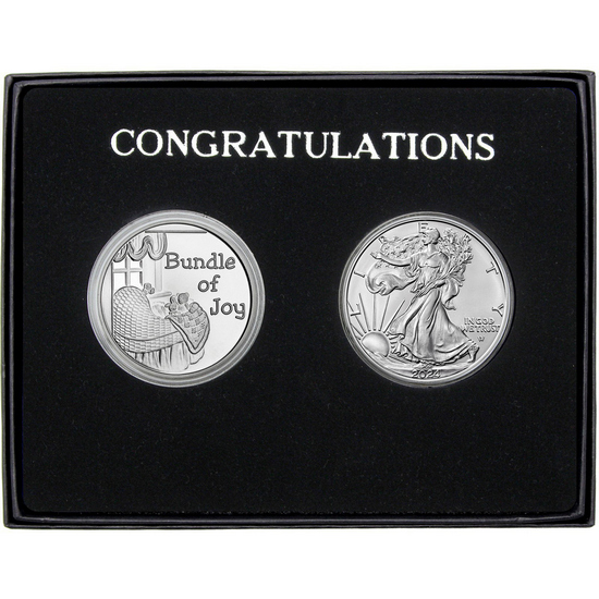 Congratulations Bundle of Joy Silver Medallion and Silver American Eagle 2pc Gift Set