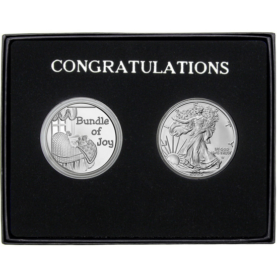 Congratulations Bundle of Joy Silver Medallion and Silver American Eagle 2pc Gift Set