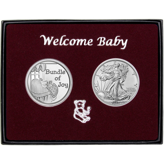 Welcome Baby Bundle of Joy Silver Medallion and Silver American Eagle 2pc Gift Set