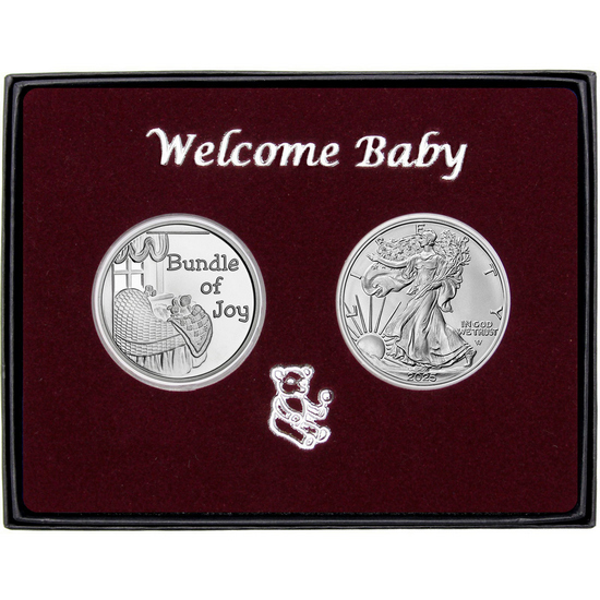 Welcome Baby Bundle of Joy Silver Medallion and Silver American Eagle 2pc Gift Set