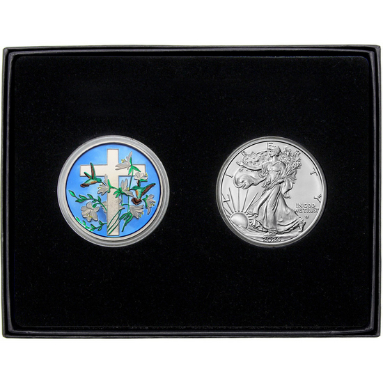 Religious Cross Enameled Silver Medallion and Silver American Eagle 2pc Gift Set