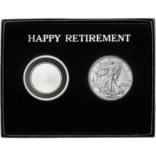 Happy Retirement Half Ounce Blank Silver Medallion and Silver American Eagle 2pc Gift Set