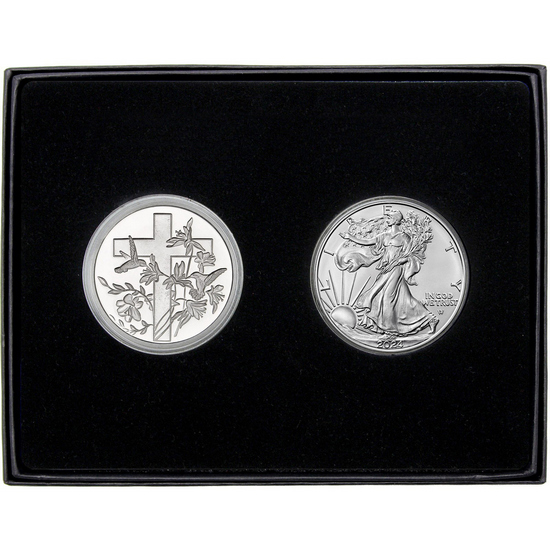 Religious Cross Silver Medallion and Silver American Eagle 2pc Gift Set