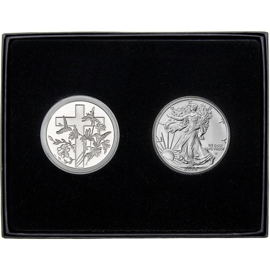 Religious Cross Silver Medallion and Silver American Eagle 2pc Gift Set