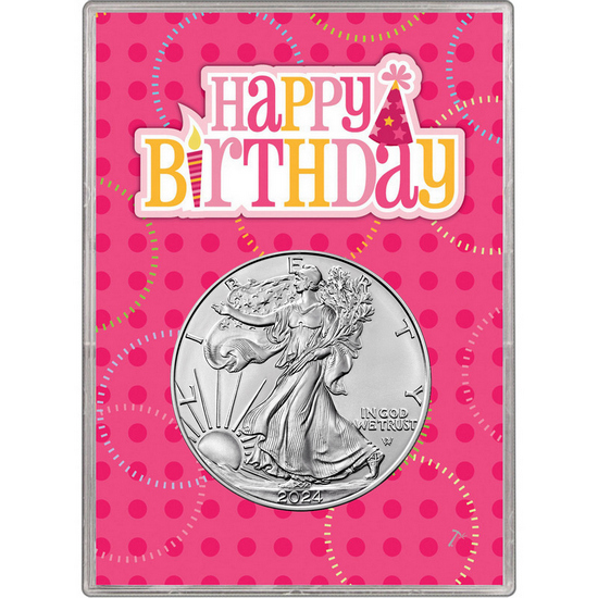 2024 Silver American Eagle BU in Hat Pink Happy Birthday Gift Holder