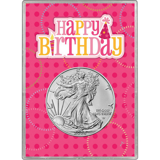 2024 Silver American Eagle BU in Hat Pink Happy Birthday Gift Holder