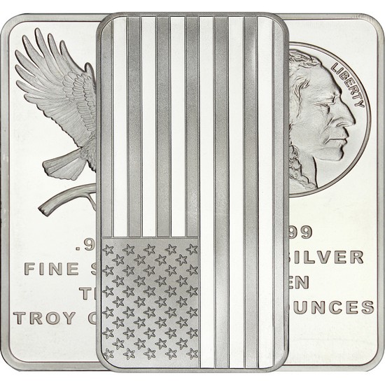 SilverTowne Mixed Design 10oz .999 Silver Bar 3pc Flag, Buffalo and Eagle