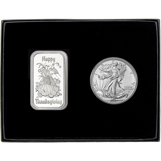 Happy Thanksgiving Harvest Silver Bar and Silver American Eagle 2pc Gift Set