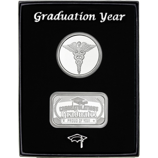 Graduation Year 2024 Silver Bar and Medical Medallion 2pc Gift Set