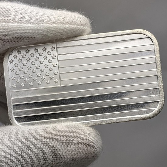 American Flag 1 Ounce .999 Silver Bar Reflective Front of Bar