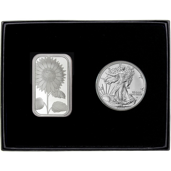 Sunflower Silver Bar and Silver American Eagle 2pc Gift Set