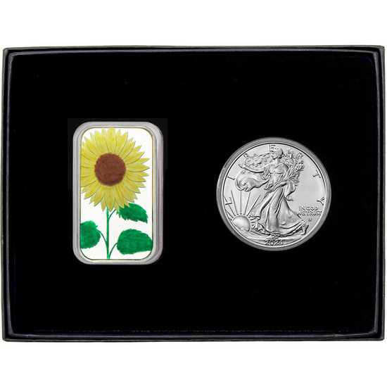 Sunflower Enameled Silver Bar and Silver American Eagle 2pc Gift Set