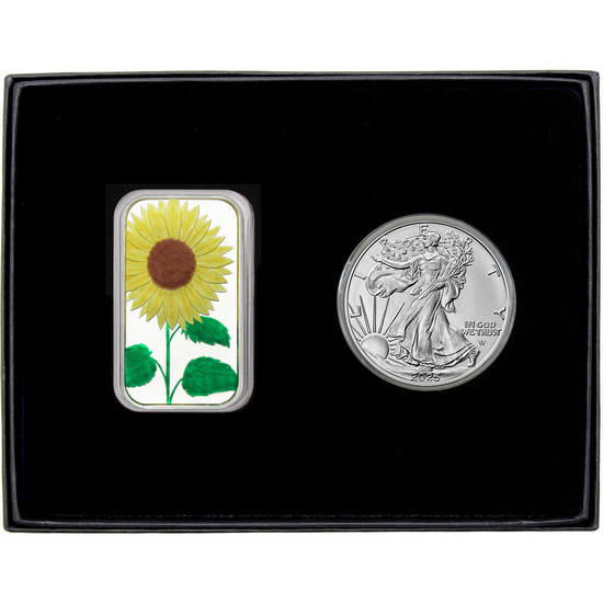 Sunflower Enameled Silver Bar and Silver American Eagle 2pc Gift Set