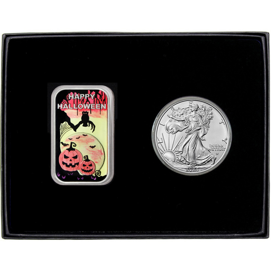 Halloween Frightful Night Enameled Silver Bar and Silver American Eagle 2pc Gift Set