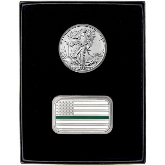 Enameled Green Line American Flag Silver Bar and Silver American Eagle 2pc Gift Set