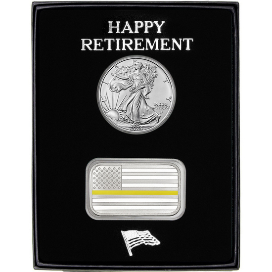 Happy Retirement Enameled Gold Line American Flag Silver Bar and Silver American Eagle 2pc Gift Set