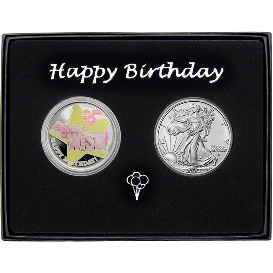 Make a Wish! Happy Birthday Enameled Pink Silver Medallion and Silver American Eagle 2pc Gift Set