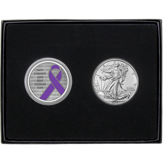 Purple Awareness Ribbon Silver Medallion Enameled and Silver American Eagle 2pc Gift Set