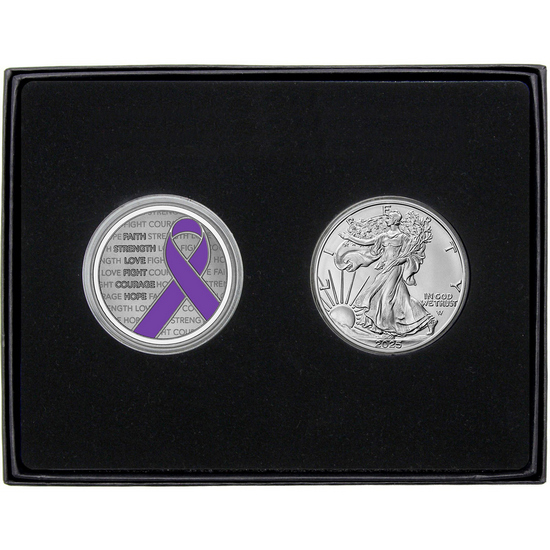 Purple Awareness Ribbon Silver Medallion Enameled and Silver American Eagle 2pc Gift Set