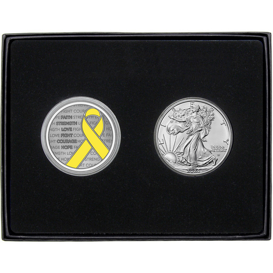 Yellow Awareness Ribbon Silver Medallion Enameled and Silver American Eagle 2pc Gift Set