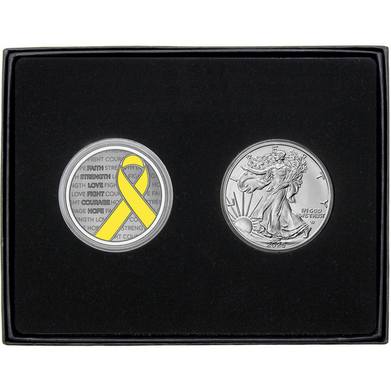 Yellow Awareness Ribbon Silver Medallion Enameled and Silver American Eagle 2pc Gift Set