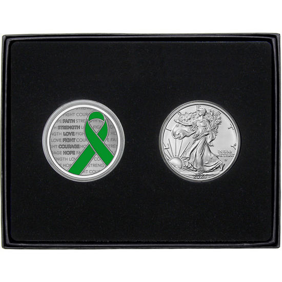 Green Awareness Ribbon Silver Medallion Enameled and Silver American Eagle 2pc Gift Set