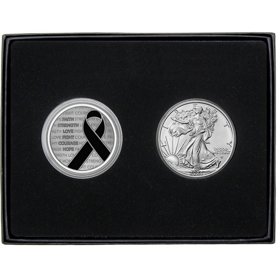 Black Awareness Ribbon Silver Medallion Enameled and Silver American Eagle 2pc Gift Set